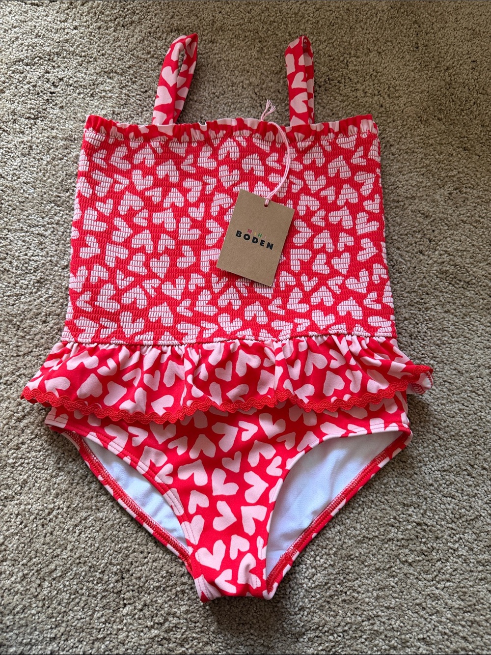 Mini Boden Red and Pink Heart Smocked Ruffle One-Piece Swimsuit